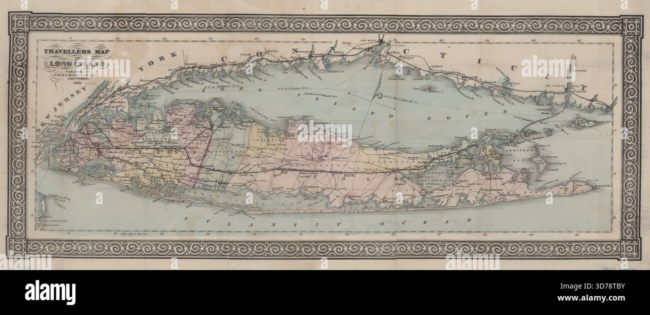 Una mappa a colori di Long Island, creata da G.W. & C.B. Colton & Co. Nel 1866. La mappa delinea le divisioni amministrative e politiche di Long Island, New York. Misura 19 x 51 cm ed è presentato su un foglio di 27 x 60 cm, piegato all'interno di una copertina di 13 x 9 cm Foto Stock