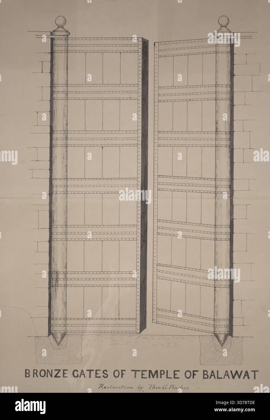 Porte di bronzo del Tempio di Balawat. Restauro di Theo. G. pizzica. (Scala da 1 pollice a 1 piede), 1880 - 1902. Pubblicato dalla Society of Biblical Archaeology di Londra. Le caratteristiche includono cancelli e bassorilievi legati all'Assiria e a Shalmaneser III, re di Assiria, attivo nel IX secolo a.C. 72 x 53 cm Foto Stock