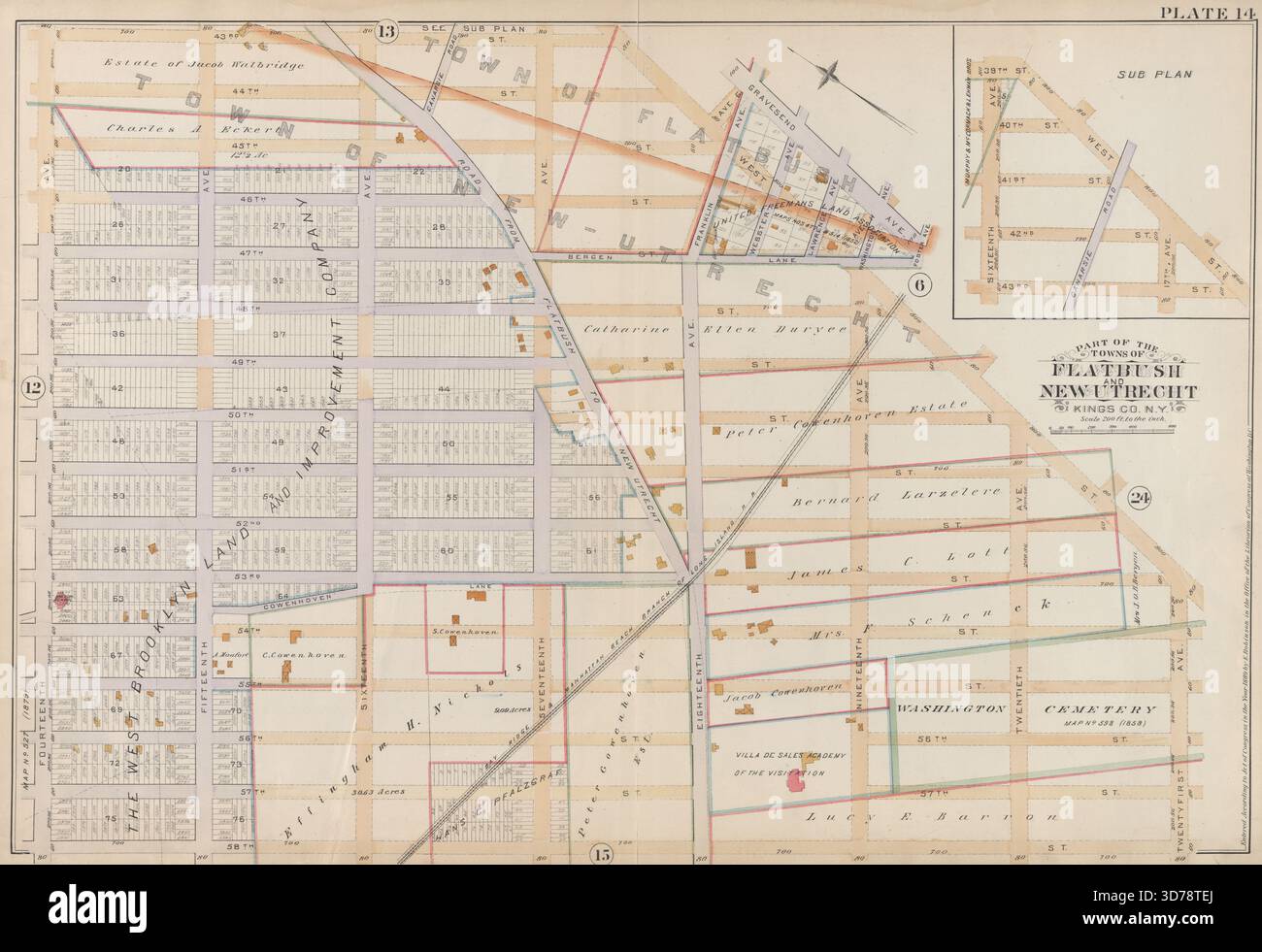 Placca 14 delimitata da 39th Street, West Street, Twentyfirst Avenue, 58th Street e Fourteenth Avenue, 1890, E. Robinson Co Inoltre, parte delle città di Flatbush e New Utrecht, Kings Co., N.Y., 1890., New York. Editore, E. Robinson Co., Brooklyn (New York, N.Y.). Proprietà immobiliari, New York (Stato), New York Foto Stock