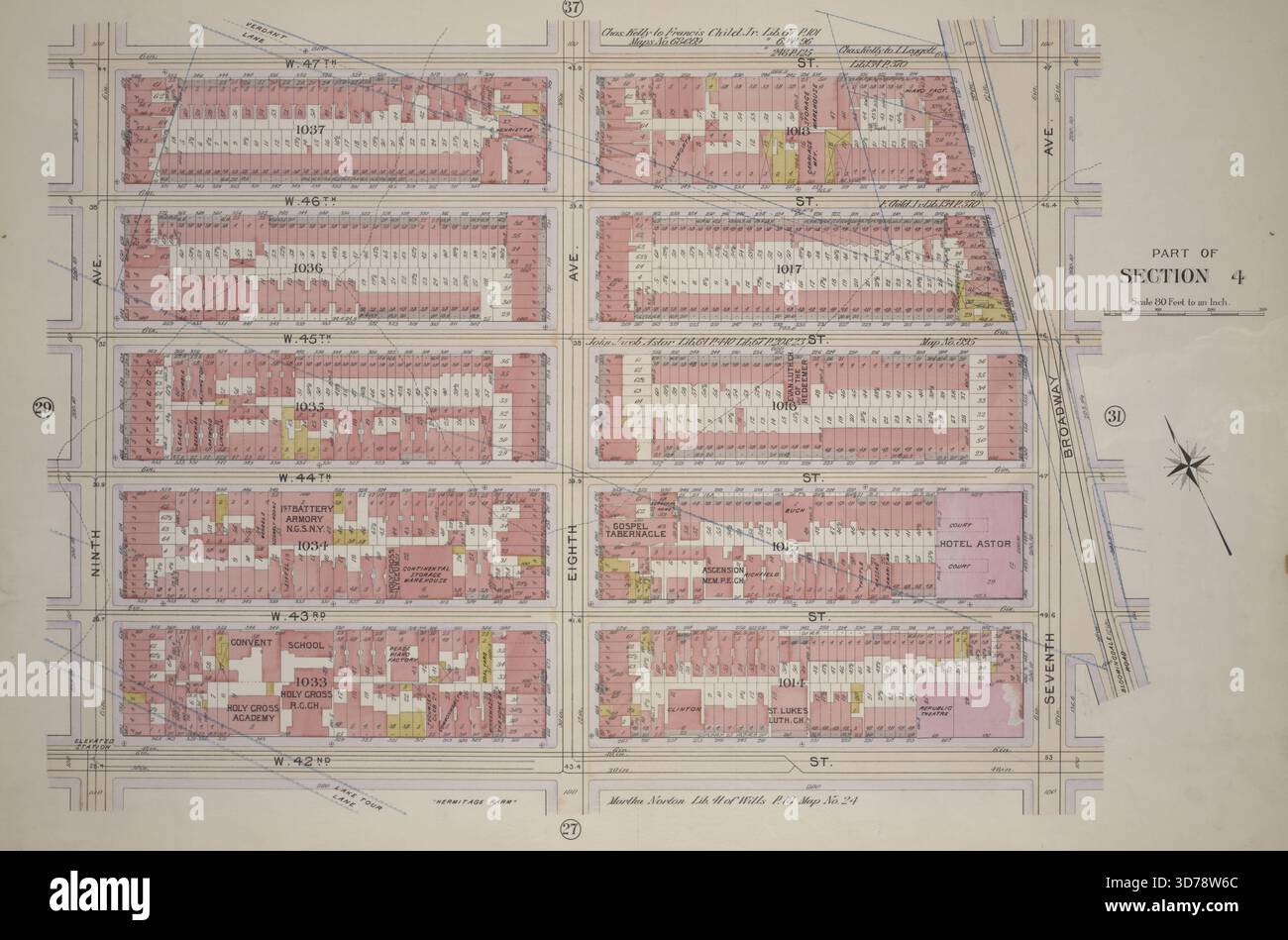 Placca 30, parte della sezione 4 delimitata da W. 47th Street, Seventh Avenue, W. 42nd Street e Ninth Avenue, 1899. Rilasciato da G.W. Bromley & Co. A Philadelphia. Questa mappa rappresenta un immobile a Manhattan, New York Foto Stock