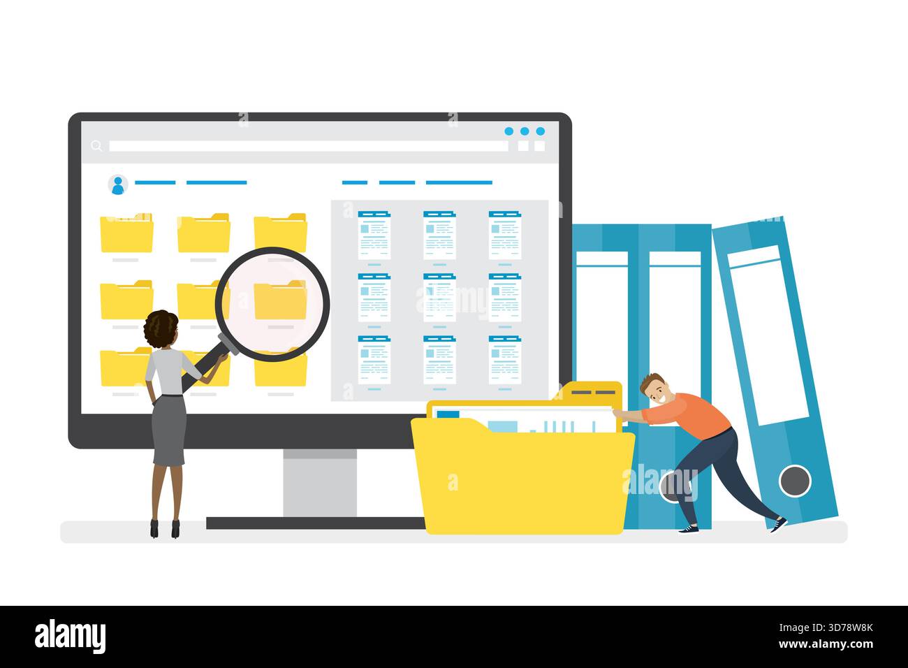 Monitor con cartelle gialle, documenti e contenuti multimediali. Impiegati o dipendenti che cercano e indicizzano i file. File manager, memorizzazione dati. Illustrazione Vettoriale