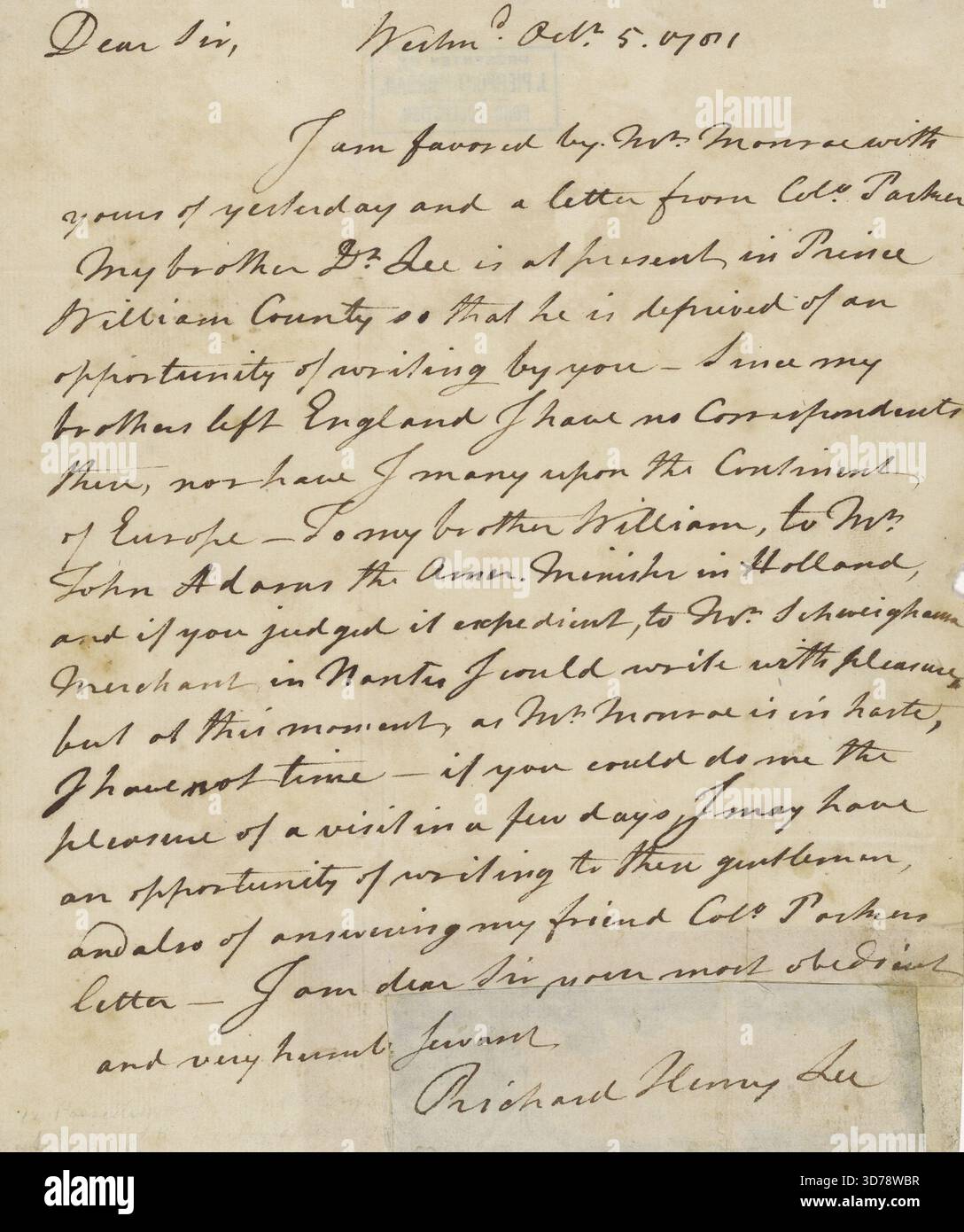 James Monroe, 1781-10-05, Lee, Richard Henry, 1732-1794 Foto Stock