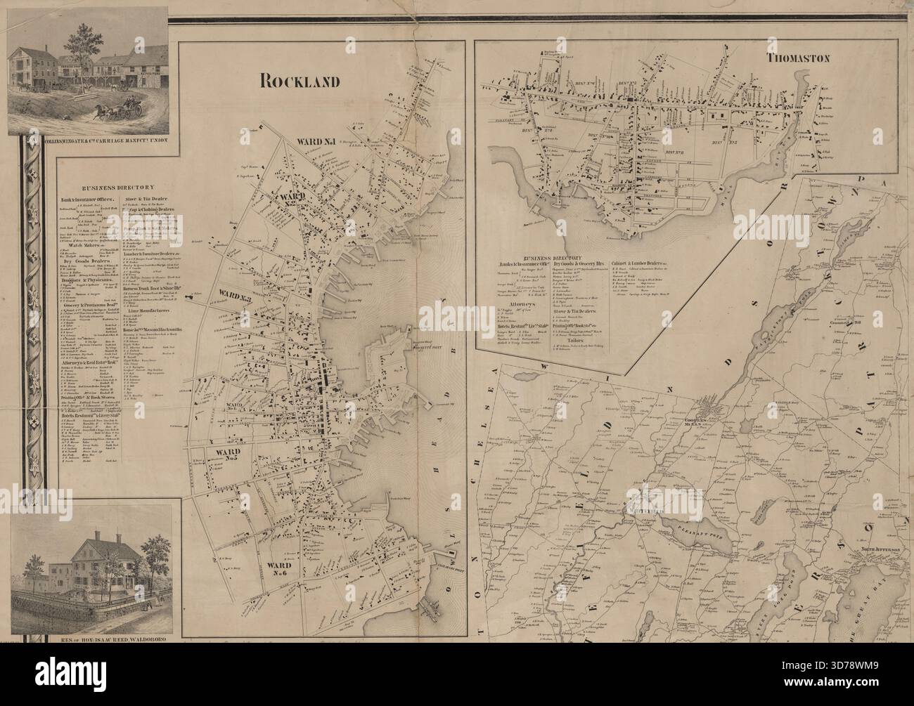 Una mappa topografica della contea di Lincoln, Maine, pubblicata nel 1857 da Lee & Marsh. La mappa misura 143 x 142 cm e include dettagli sui proprietari terrieri e sugli edifici della contea. La copia della NYPL Map Division è incompleta e imperfetta, con diversi pezzi della mappa mancanti lungo le linee di piegatura, e il foglio sud-ovest è assente. I singoli fogli misurano almeno 112 x 77 cm Foto Stock