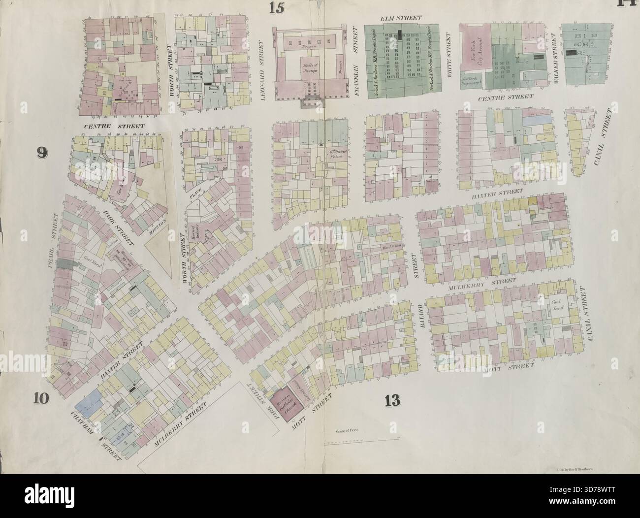 Placca 14 Mappa delimitata da Canal Street, Mott Street, Cross Street, Mulberry Street, Chatham Street, Pearl Street, Elm Street, 1857 - 1862, Perris & Browne., 1857 - 1862., New York. Editore, Perris & Browne. Manhattan (New York, N.Y.), immobili, New York (Stato), New York Foto Stock