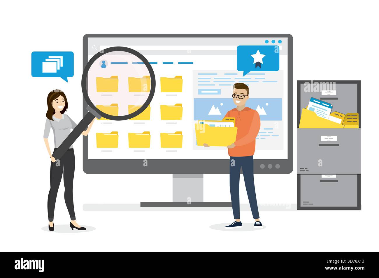 Impiegati o dipendenti che cercano e indicizzano i file. Monitor con cartelle gialle, documenti e contenuti multimediali. File manager, memorizzazione dati. Illustrazione Vettoriale