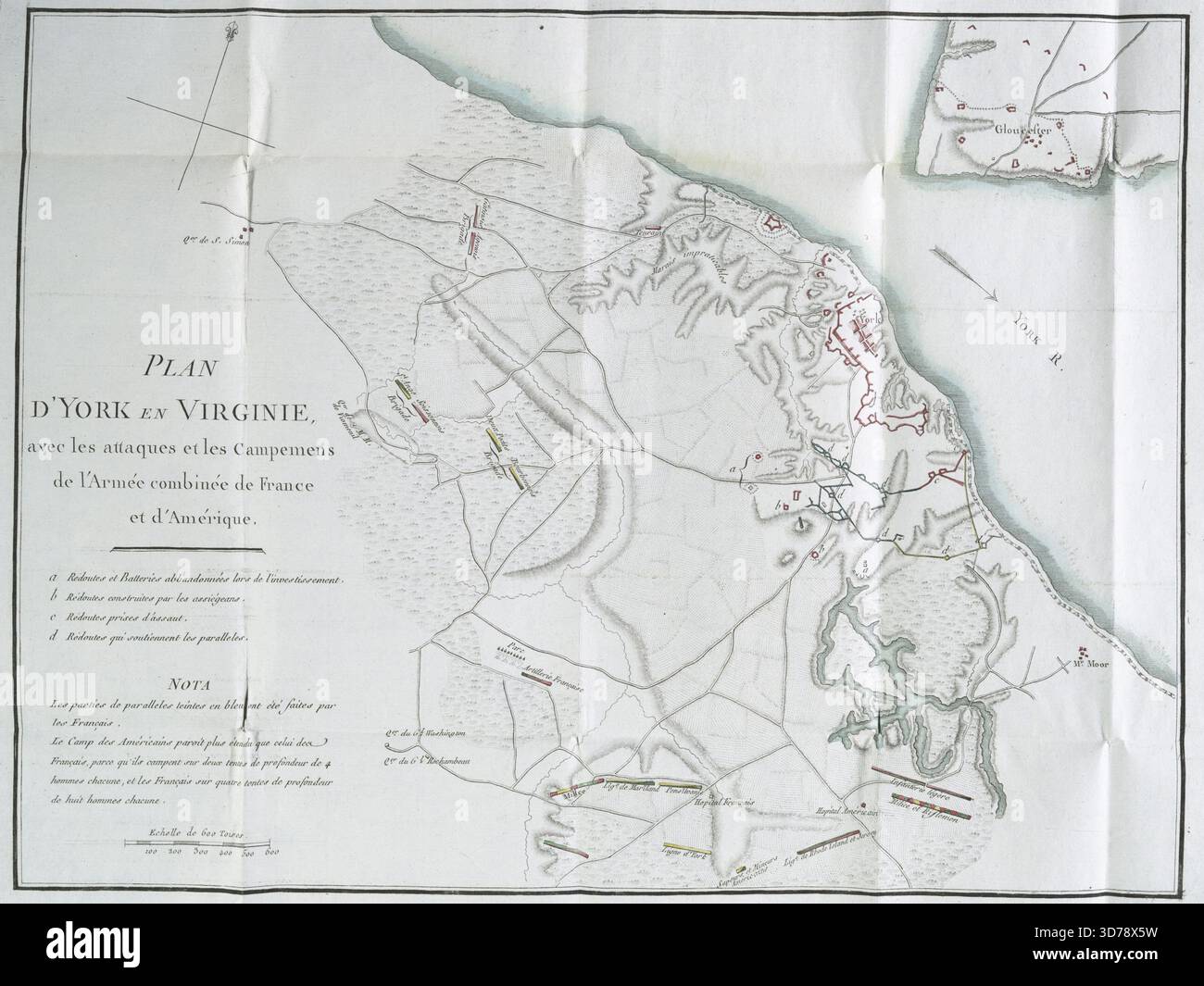 Plan d'York in Virginia, raffigurante gli attacchi e gli accampamenti dell'esercito combinato francese e americano durante la guerra di indipendenza americana. Rilasciato nel 1787 a Parigi da Buisson. La mappa, colorata a mano, misura 29 x 37 cm e si riferisce alla storia dell'assedio di Yorktown del 1781, ambientata nel più ampio contesto della rivoluzione americana dal 1775 al 1783 Foto Stock
