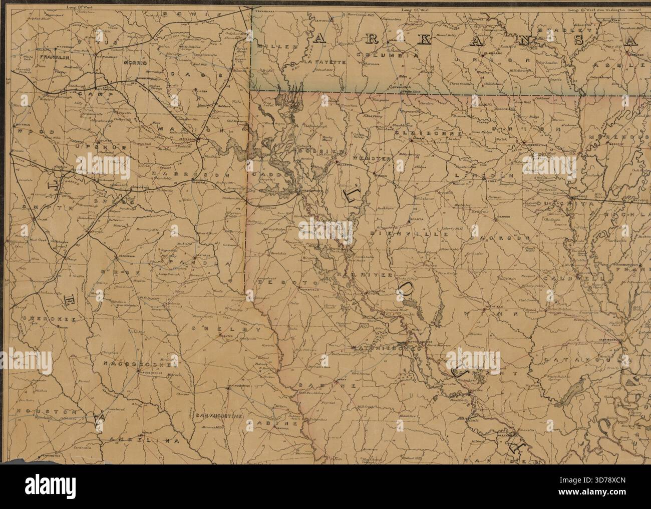 Mappa postale dello stato della Louisiana con parti adiacenti di Mississippi, Arkansas e Texas, pubblicata nel 1880 dal Dipartimento delle Poste degli Stati Uniti. La mappa, creata a Washington, D.C., è colorata a mano e misura 95 x 134 cm, divisa in 4 fogli da 50 x 69 cm ciascuno. Include dettagli relativi al servizio postale e alle ferrovie in Louisiana, nonché divisioni amministrative e politiche all'interno dello stato Foto Stock