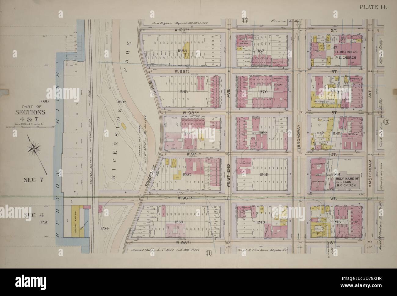 Targa 14, parte delle sezioni 4 e 7 delimitata da W. 100th Street, Amsterdam Avenue, W. 95th Street, e Riverside Drive, 1898, G.W. Bromley & Co., 1898., Philadelphia. Editore, G.W. Bromley & Co. Manhattan (New York, N.Y.), immobili, New York (Stato), New York Foto Stock