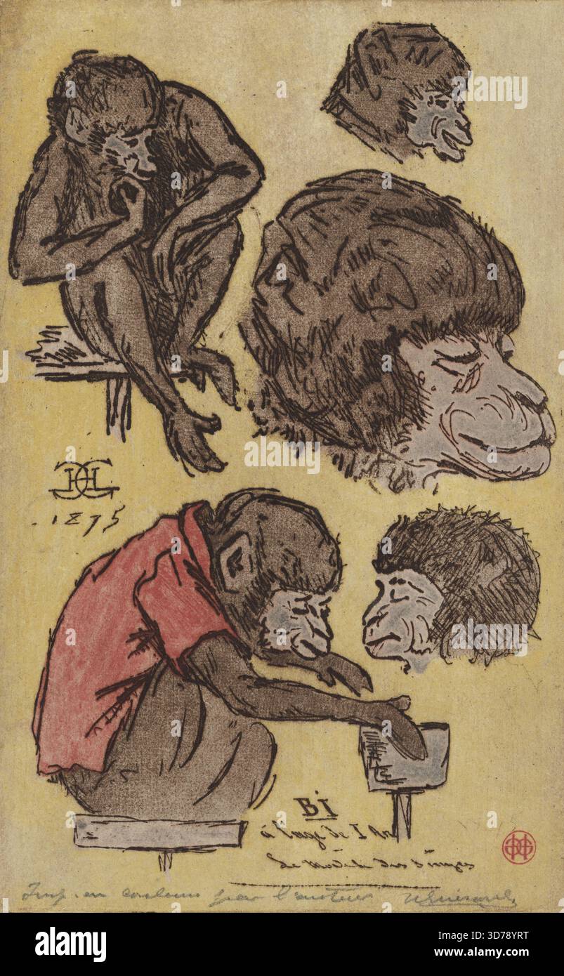 MON singe Bi,' creato nel 1875, presenta scimmie raffigurate attraverso l'incisione con roulette. Il lavoro è a colori, con un contrassegno di lastra di 19,5 x 12,5 cm (7 11/16 x 4 15/16 pollici) e stampato su carta di 30,5 x 22,5 cm (12 x 8 7/8 pollici). È stampigliato con inchiostro rosso nell'angolo inferiore sinistro con il marchio di HCG Henri-Charles Guérard (Lugt 1157 Foto Stock