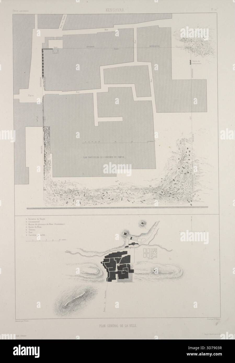 Kengavar Kangāvar. Piano generale della città, 1851 - 1854, creato da Pascal coste. L'immagine raffigura una mappa topografica di Kangāvar, Iran, che include una disposizione della città e il monumento circostante. Pubblicato a Parigi da Gide et J. Baudry. L'opera d'arte è un'incisione che riflette le antichità della regione Foto Stock