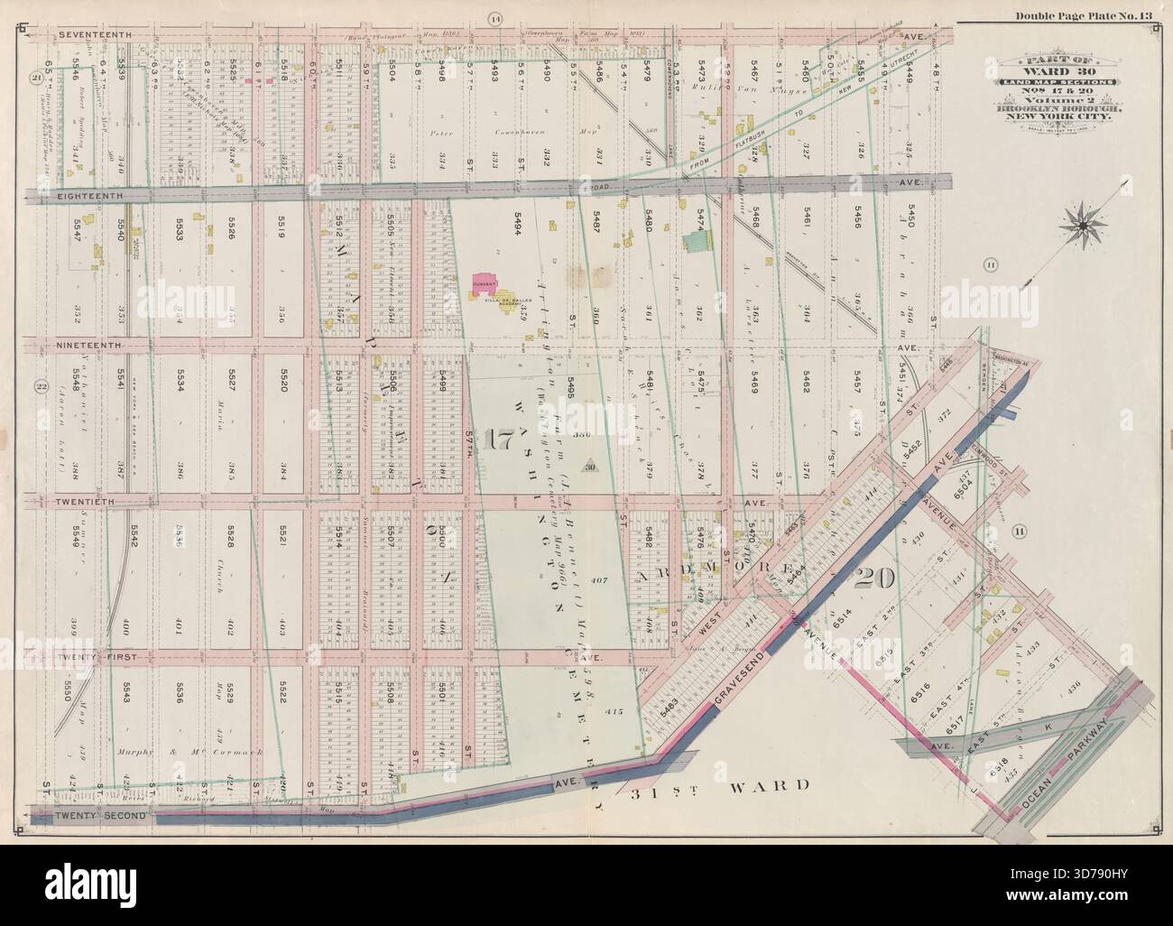 Piastra a doppia pagina n. 13 delimitata da Seventeenth Avenue, 48th Street, Nineteenth Avenue, Washington Avenue, Gravesend Avenue, Elmwood Street, East 2nd Street, Avenue i, Ocean Parkway, Avenue J, Twenty Second Avenue, e 65th Street, 1898, E.B. Hyde & Co. Additional, Part of Ward 30, Land Map Sections, No. 17 & 20, volume 2, Brooklyn Borough, New York City., 1898., New York. Editore, E.B. Hyde & Co., Brooklyn (New York, N.Y.). Proprietà immobiliari, New York (Stato), New York Foto Stock