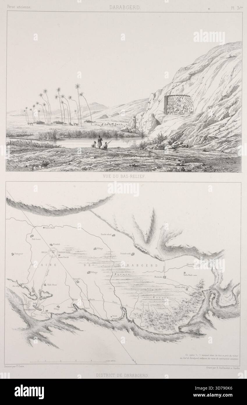 Vista a bassorilievo dal distretto di Darabgerd, creato tra il 1851 e il 1854 da Pascal coste. L'immagine include un piano topografico e una vista. Pubblicato a Parigi da Gide et J. Baudry, si riferisce alle antichità dell'Iran e presenta incisioni Foto Stock