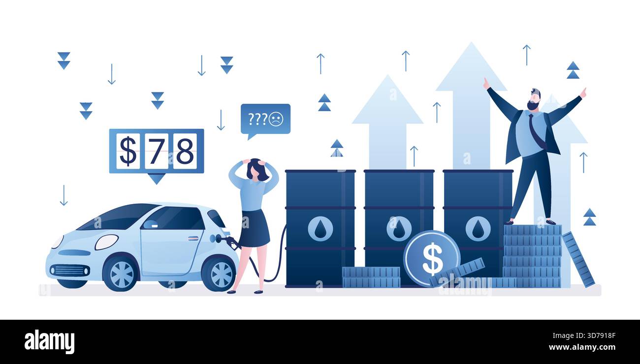 Le auto moderne sono alimentate con benzina proveniente da un barile di olio. Donna infelice autista. Prezzo del carburante costoso al metro. Aumento dei costi. L'uomo d'affari riceve supe Illustrazione Vettoriale
