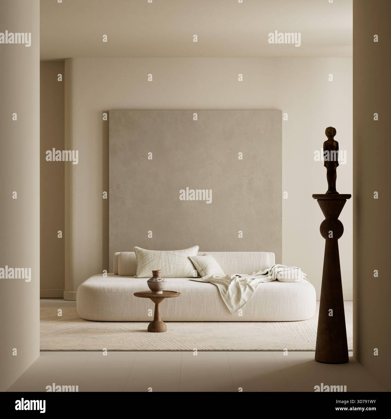 Interni raffinati e minimalisti che combinano arredi scultorei in legno, un basso divano neutro e luce soffusa per un'atmosfera di vita tranquilla ed elegante 3D. Foto Stock