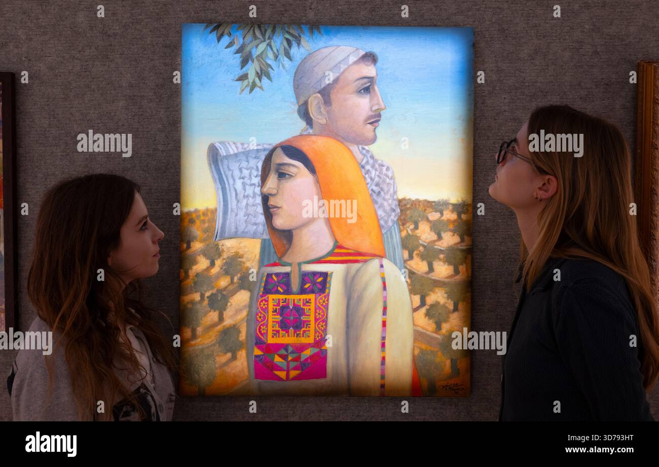 Bonhams, Londra, Regno Unito. 24 novembre 2025. L'asta Bonhams Modern and Contemporary Middle Eastern Art si svolge il 25 novembre. Le attrazioni principali includono: Sliman Mansour (Palestine, B. 1947), Guardiani della Terra. Stimate tra £ 40.000 e £ 60.000. Crediti: Malcolm Park/Alamy Live News Foto Stock