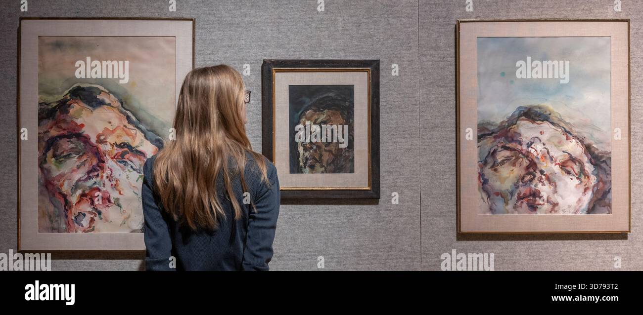 Bonhams, Londra, Regno Unito. 24 novembre 2025. L'asta Bonhams Modern and Contemporary Middle Eastern Art si svolge il 25 novembre. Tra le principali attrazioni ricordiamo: Opere di Marwan Kassab-Bachi (Siria, 1934-2016), Kopf (testa). Stimate tra £ 80.000 e £ 100.000. Crediti: Malcolm Park/Alamy Live News Foto Stock