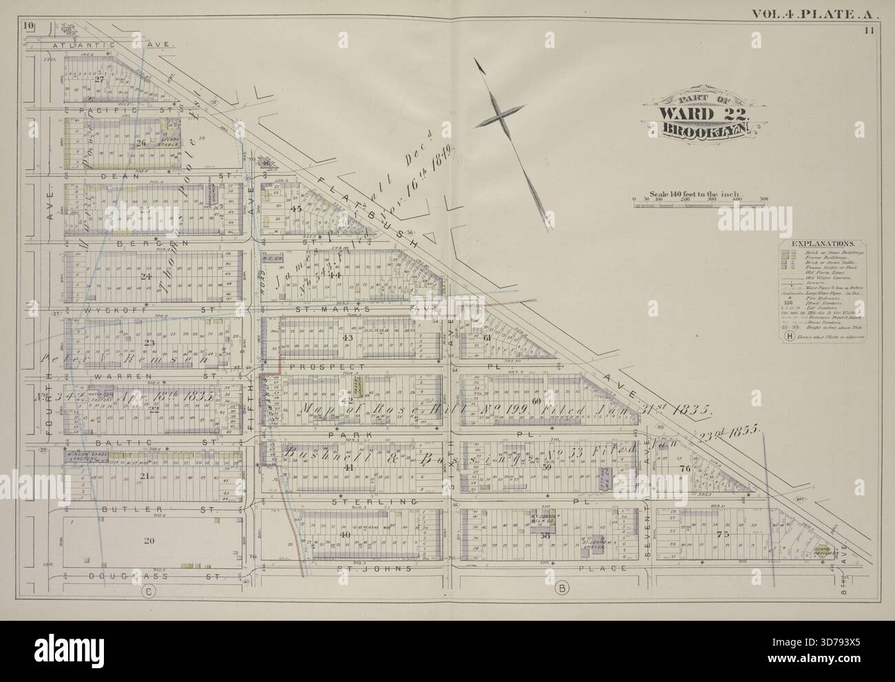 Una mappa del volume 4, Plate A, raffigurante un'area delimitata da Atlantic Avenue, Flatbush Avenue, St. Johns Place e Douglass Street. La mappa include strade come Pacific Street, Dean Street, Berg Street, Wyckoff Street, St. Marks Avenue, Warren Street, Prospect Place, Baltic Street, Park Place, Butler Street, Sterling Place, Fifth Avenue, Sixth Avenue, Seventh Avenue e Eighth Avenue. La mappa fu pubblicata nel 1880 da G.M. Hopkins & Co. A Philadelphia, concentrandosi sulle proprietà immobiliari a Brooklyn, New York Foto Stock