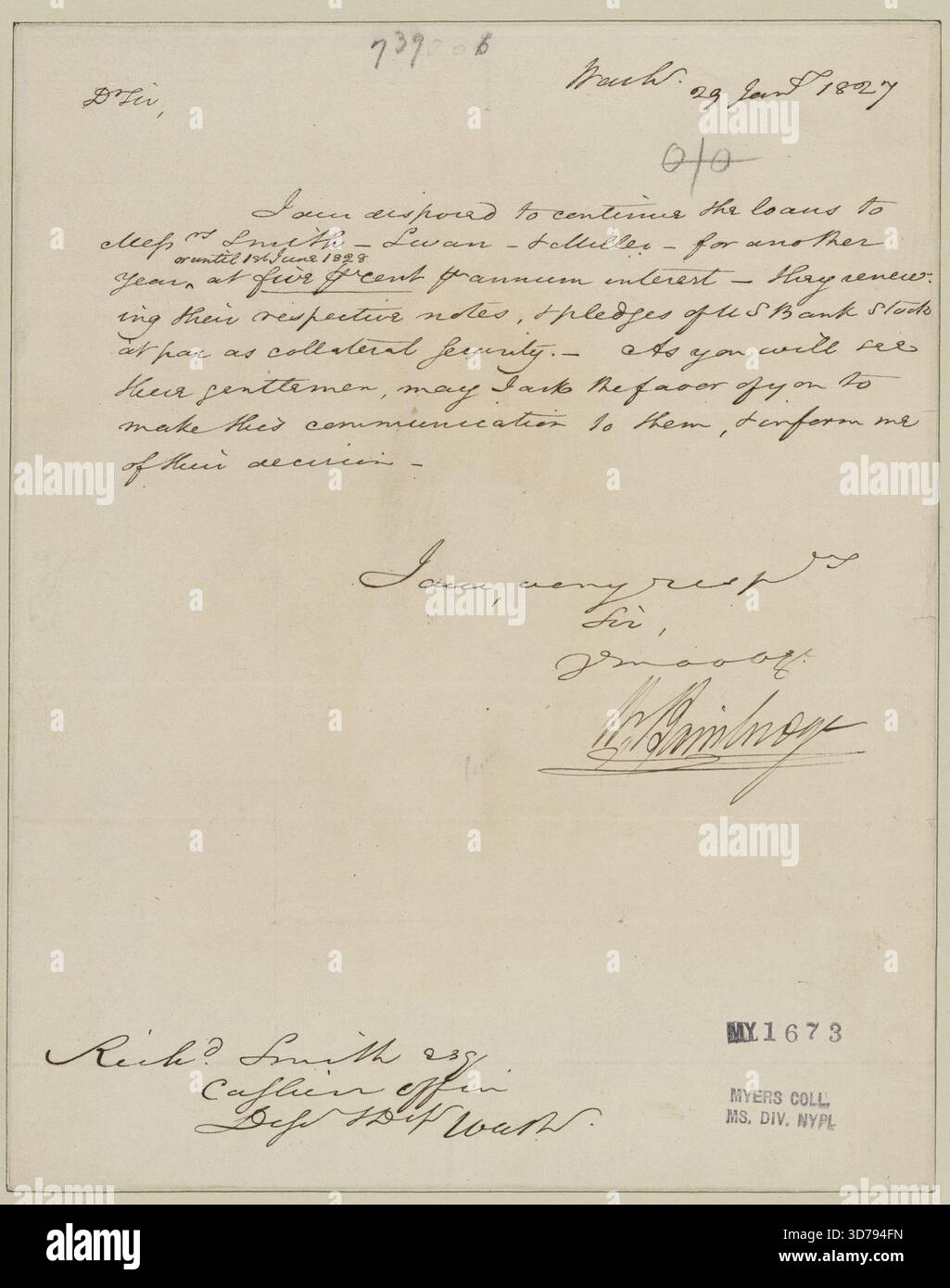 Bainbridge, William. Washington. A Richard Smith., 1827-01-29., 1 pagina Foto Stock