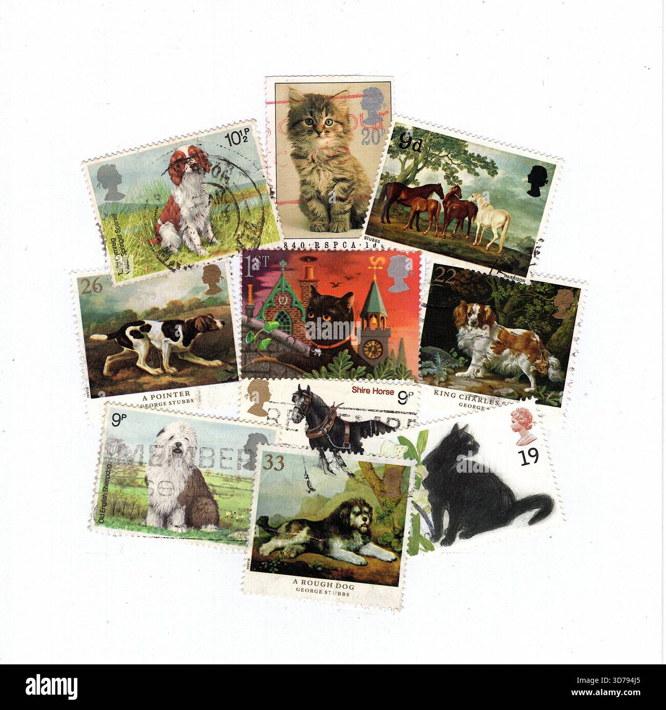 Un foglio di francobolli vintage per cani e gatti provenienti dalla Gran Bretagna, isolati su sfondo bianco. Foto Stock