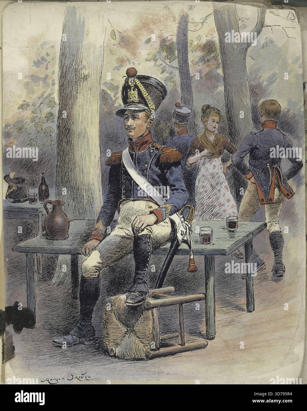 Uniformi militari relative all'Italia nel periodo 1805-1808. Creata ad Amsterdam nel 1910, questa immagine riflette il contesto storico dell'abbigliamento militare italiano di quel tempo Foto Stock
