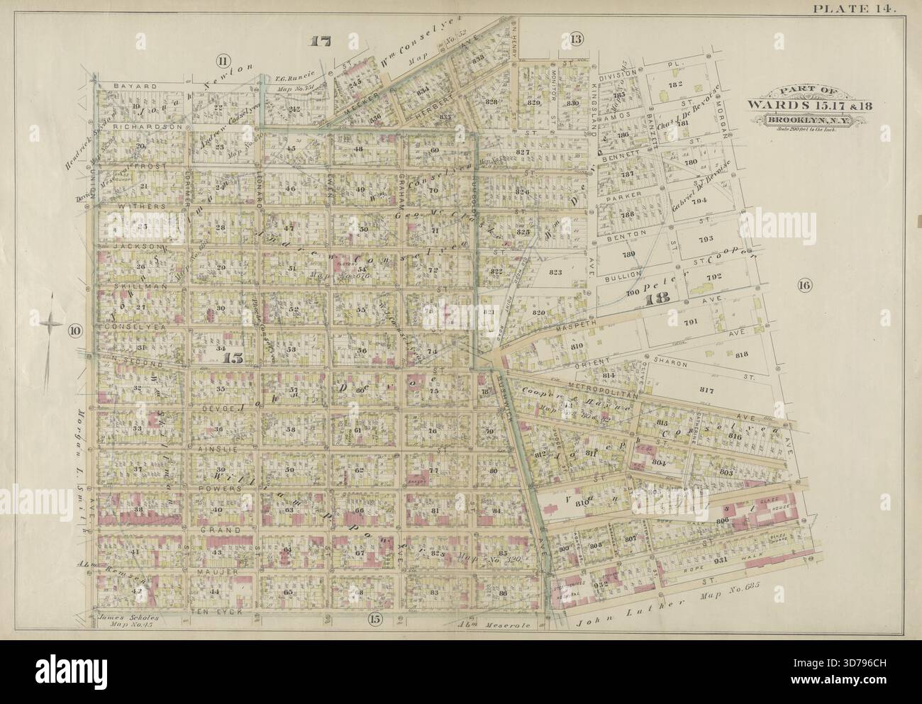 Placca 14 delimitata da Bayard Street, Graham Avenue, Meeker Avenue, N. Henry Street, Herbert Street, Kingsland Avenue, Division Place, Morgan Avenue, Ten Eyck Street e Union Avenue. Ulteriore, piastra 14 parte dei corrimano 15, 17 e 18. Brooklyn, N.Y., 1886. Editore, E. Robinson Co., Brooklyn (New York, N.Y.). Proprietà immobiliari, New York (Stato), New York Foto Stock
