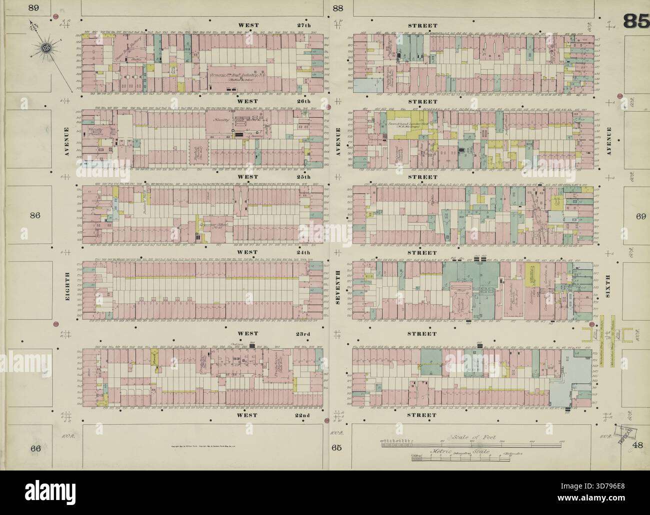 Manhattan, V. 5, Double Page Plate No. 85 Mappa delimitata da W. 27th St., 6th Ave., W. 22nd St., 8th Ave., emessa dalla Sanborn Map Company nel 1884-1890, concentrandosi sull'assicurazione antincendio e sulla proprietà immobiliare nello Stato di New York Foto Stock
