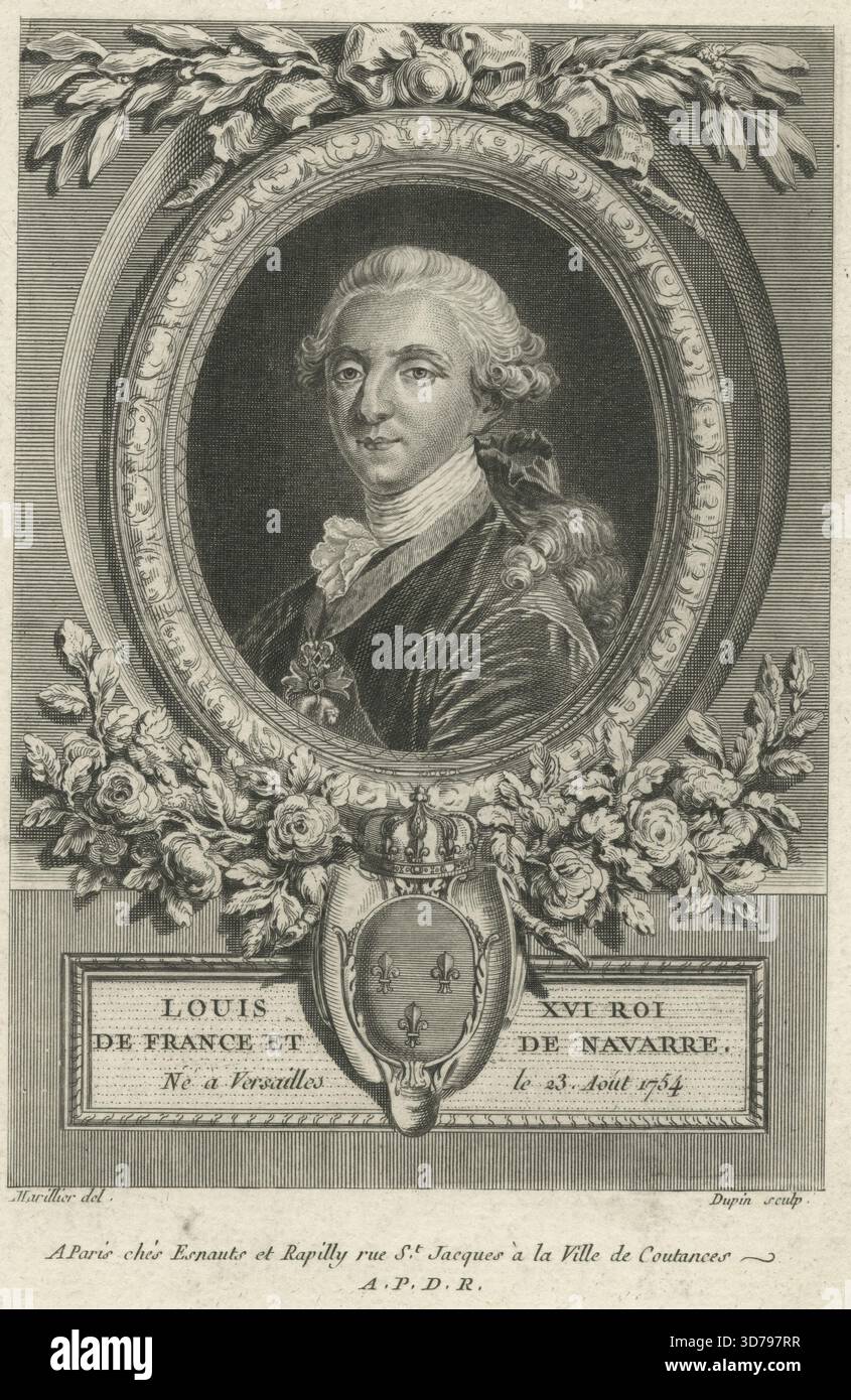 Un ritratto di Luigi XVI, re di Francia e Navarra, nato a Versailles il 23 agosto 1754. L'incisione fu creata da Clément Pierre Marillier nel 1775 e pubblicata a Parigi da Esnauts et Rapilly Foto Stock