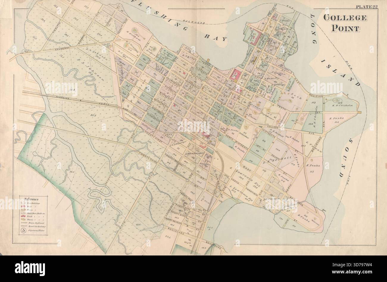 La tavola 22 raffigura una mappa del College Point, New York, pubblicata nel 1891. La mappa delinea un'area delimitata da Tenth Street, Seventh Avenue, Third Avenue, First Street, First Avenue, Sesta strada, West Boulevard, Avenue G, North Boulevard, North Twentieth Street, Avenue C, Boulevard, Lawrence Avenue, Twenty Third Street, Twenty First Street, Tenth Avenue, Seventeenth Street, Causeway e Twelfth Avenue. Pubblicato da C. Wolverton nella contea di Queens, New York Foto Stock