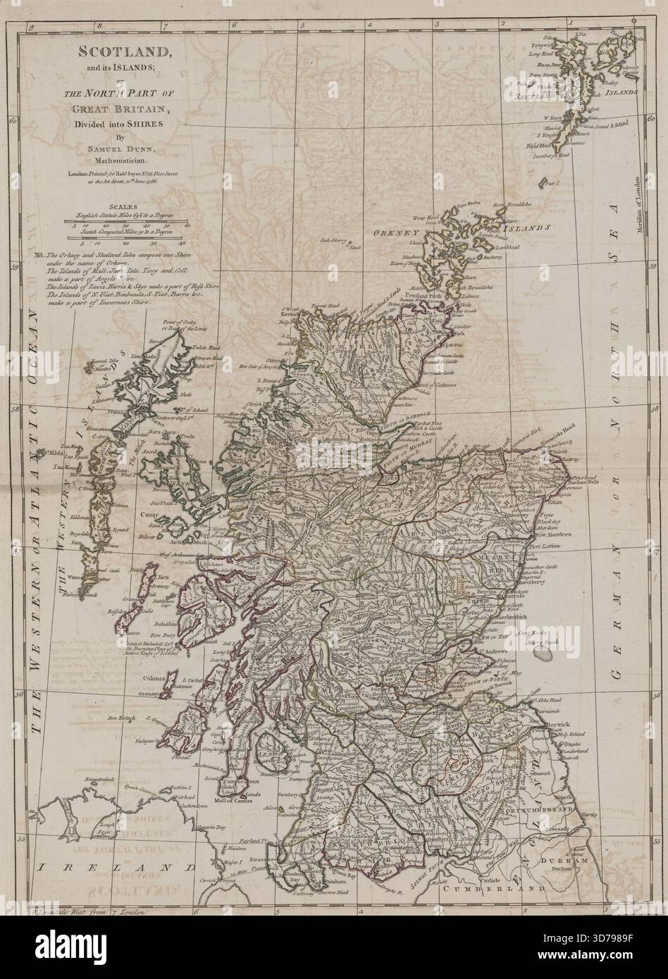 Una mappa intitolata "Scozia, e le sue isole; o la parte settentrionale della Gran Bretagna, divisa in contee", creata da Robert Sayer, pubblicata a Londra nel 1788. Questa è la seconda edizione, con aggiunte, correzioni e miglioramenti significativi. La mappa rientra nelle categorie degli atlanti britannici e delle prime opere geografiche Foto Stock