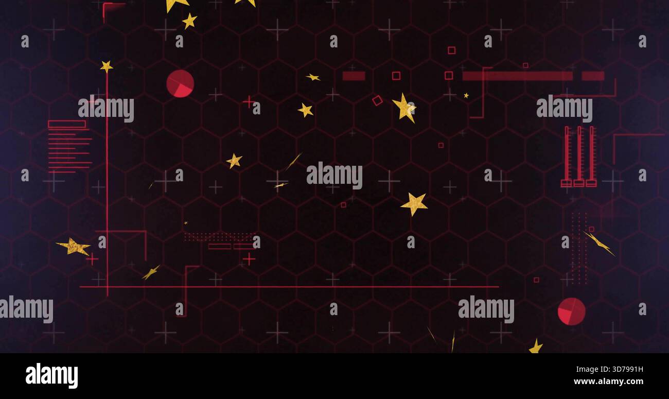 Animazione di un gruppo centrato di stelle gialle e linee rosse dell'asse su una griglia esadecimale scura, generando dati Foto Stock