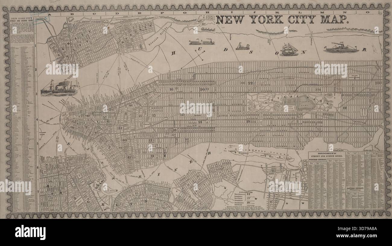 Mappa di New York di Humphrey Phelps, creata nel 1857. La mappa misura 38 x 66 cm su un foglio di 43 x 74 cm. Comprende varie caratteristiche geografiche e divisioni amministrative di New York, nonché mappe di Jersey City e Hoboken. Presenta dettagli relativi ai distretti antincendio, alle ferrovie, ai traghetti e ai moli della zona. L'editore è H. Phelps, con sede a New York Foto Stock