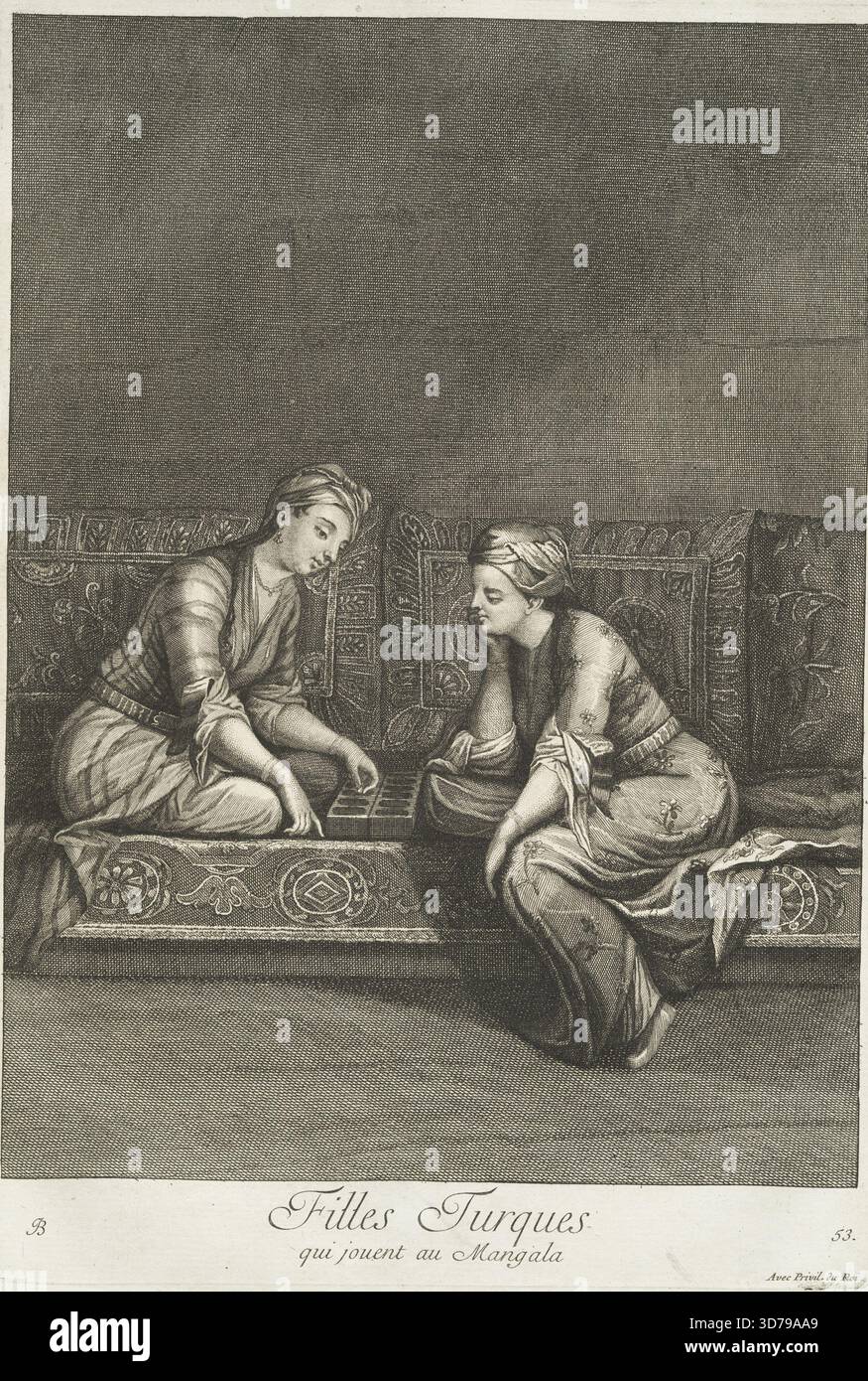 Filles turques qui jouent au mangala' di Jean-Baptiste Vanmour, creato nel 1714. L'opera raffigura ragazze turche impegnate in un gioco di mangala. Mette in evidenza aspetti dell'abbigliamento, dell'abbigliamento e delle attività sociali delle donne in Turchia. Pubblicata a Parigi da L. Cars, questa incisione mostra il contesto culturale dell'epoca Foto Stock