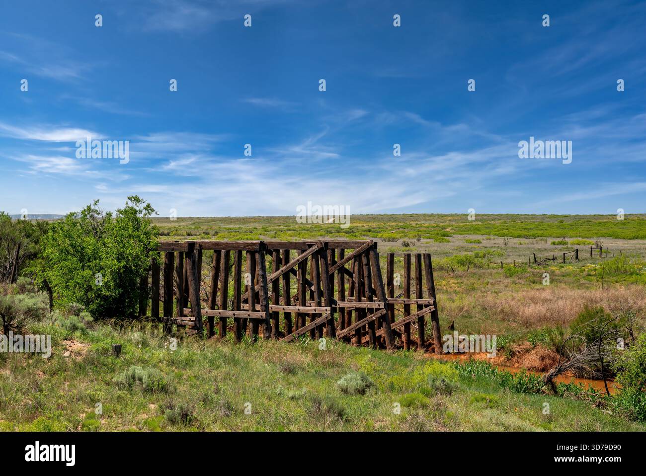 Questo ponte in legno abbandonato, che attraversa San Jon Creek nella contea di Quay, New Mexico, una volta trasportava la Chicago, Rock Island & Pacific Railroad. Foto Stock