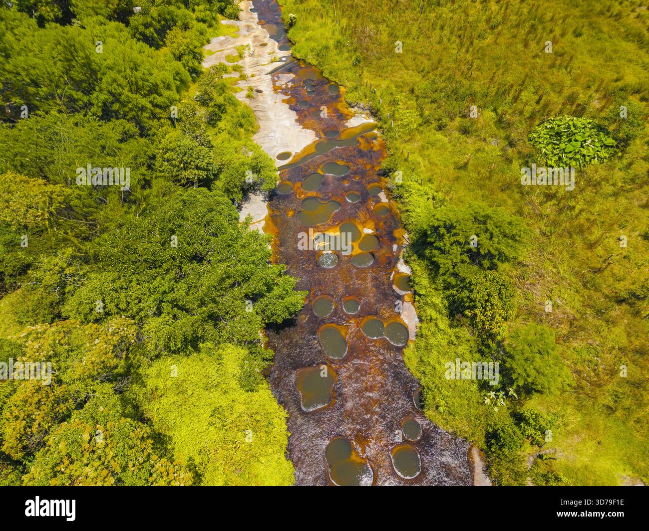 Vista aerea di un fiume vibrante che scorre attraverso i lussureggianti paesaggi verdi, i colori contrastanti che creano una splendida armonia visiva, Guadalupe, Santan Foto Stock