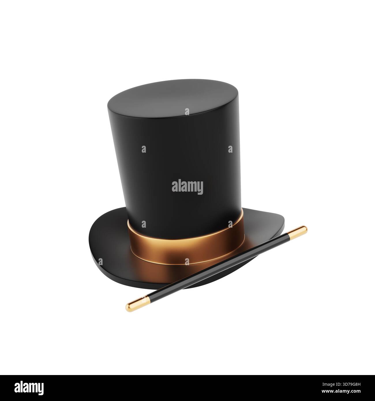 Concetto di magia e illusione. Cappello nero con nastro dorato e bacchetta magica su sfondo bianco. Rendering 3d. Foto Stock