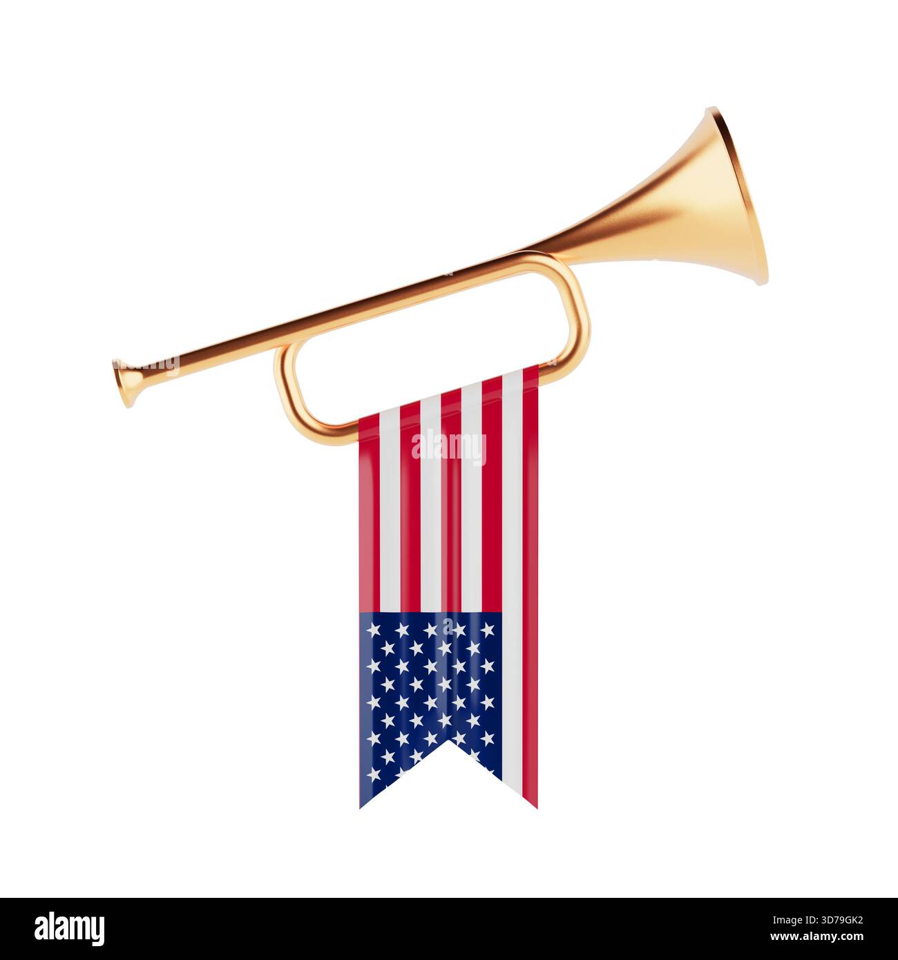 Patriottismo e musica cerimoniale. Tromba Bugle dorata con bandiera americana appesa su sfondo bianco. Rendering 3d. Foto Stock