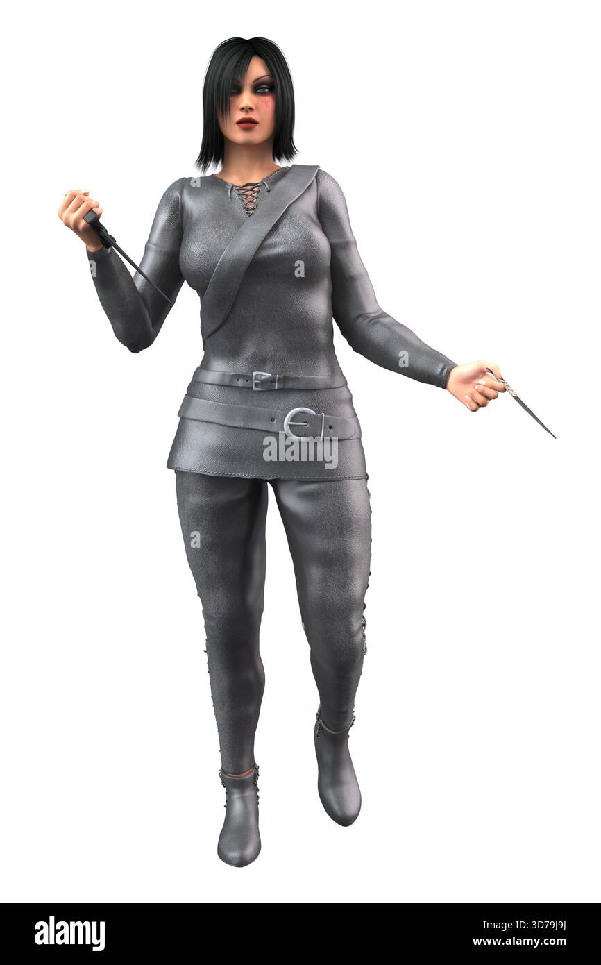 Guerriera donna in 3D con rendering e abito in pelle scura che tiene in mano un pugnale. Il personaggio ritrae forza, agilità e intensità, ideale per f Foto Stock