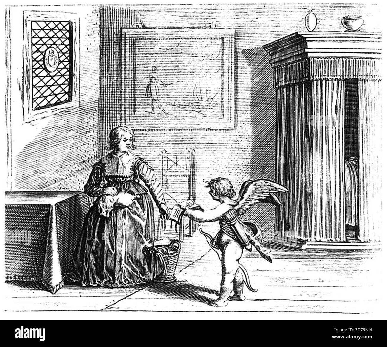 KRUL, Jan Harmensz. (b. CA. 1601, Amsterdam, d. 1646, Amsterdam) Emblem 1644 Engraving Universiteits-Bibliotheek, Amsterdam l'emblema mostrato nella foto è tratto da Jan Harmensz. Il libro di Krul 'Pampiere wereld' (mondo della carta) pubblicato ad Amsterdam, 1644. A metà del XVII secolo il concetto comune nelle poesie amatorie, nelle canzoni e in questo emblema è quello dell'amante entusiasta che è così travolto dal desiderio che lui o lei non può più svolgere efficacemente i compiti quotidiani. --- parole chiave: --------------- Autore: KRUL, Jan Harmensz. Titolo: Emblema Time-line: 1601-1650 Scuola: Olandese forma: Graphics T Foto Stock
