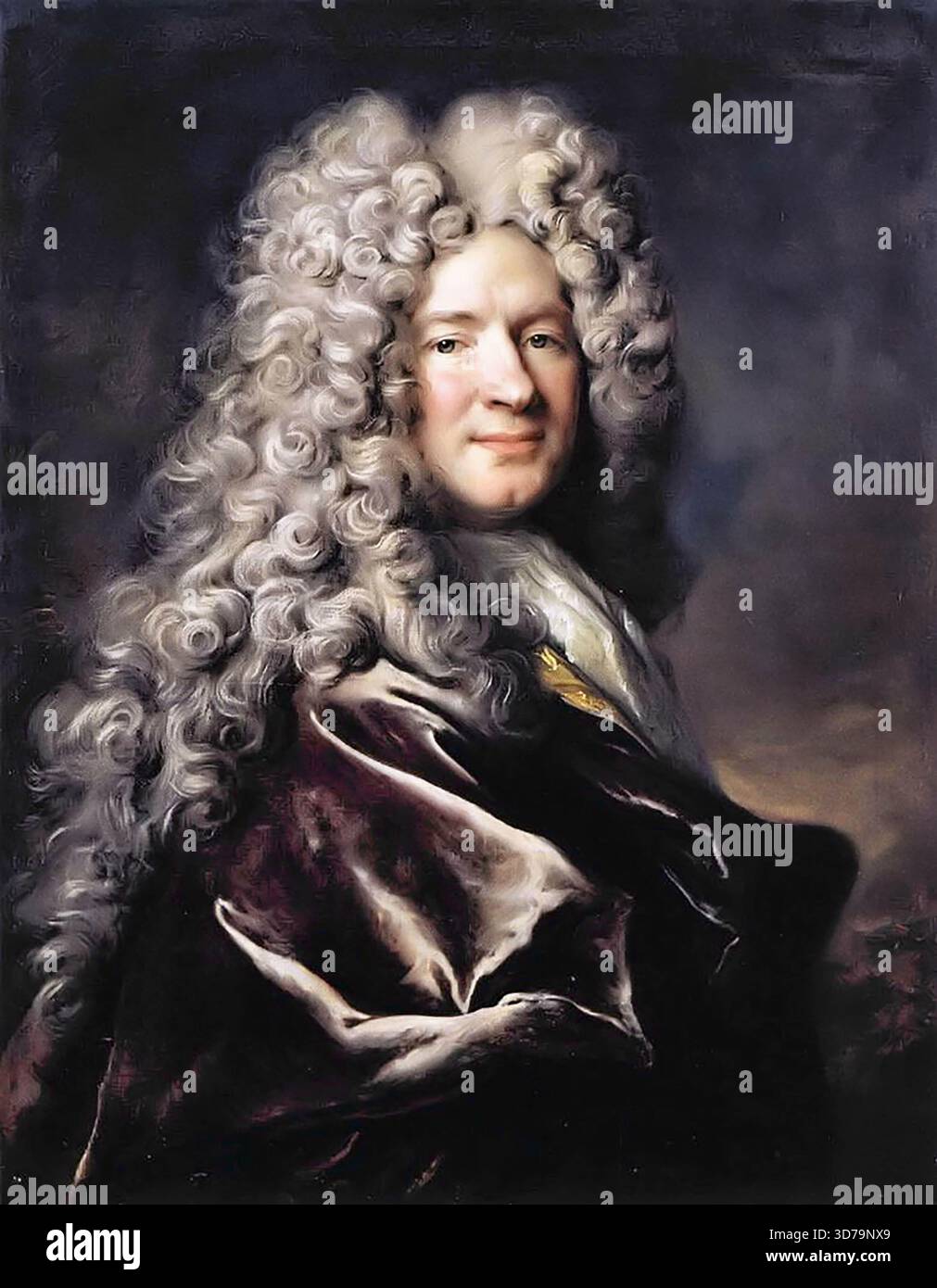 LARGILLI'RE, Nicolas de (1656, Parigi, d. 1746, Parigi) Ritratto di un uomo in una veste viola c. 1700 olio su tela, 80 x 63 cm Staatliche Museen, Kassel insieme a Hyacinthe Rigaud, Largilliere è stato il ritrattista francese più ricercato del primo XVIII secolo, dando all'aristocratico ritratto formale sviluppato da Rigaud un aspetto sobrio e più realistico, come un volto di scena. In questo ritratto di una sitter non identificata con una vista piuttosto estesa della testa e delle spalle, il soggetto guarda verso l'esterno, calma e sicurezza di sé Foto Stock