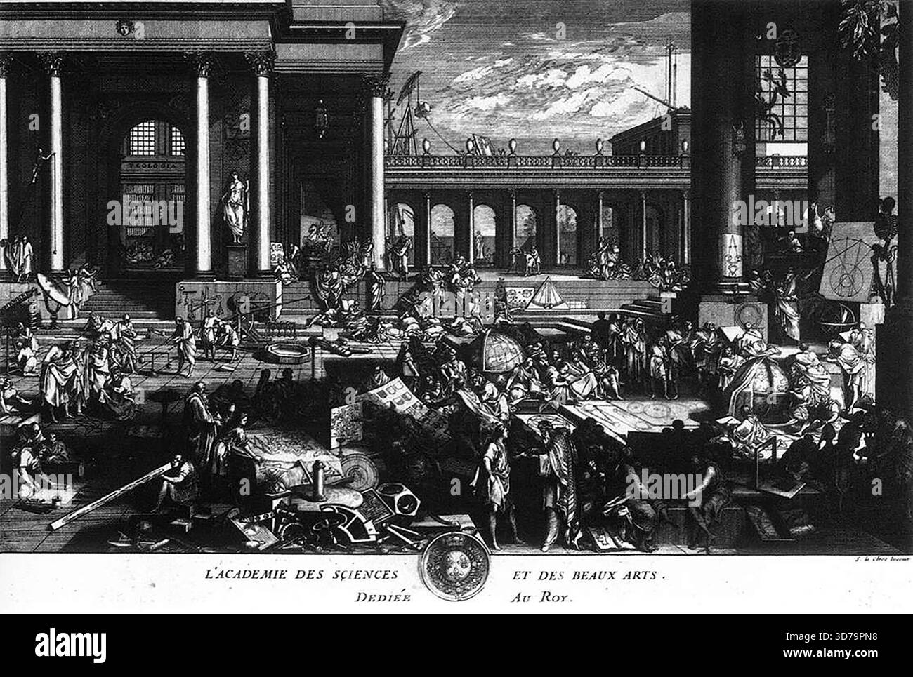 LE CLERC, S'bastien i (1637, Metz, 1714, Parigi) l'Accademia delle Scienze e delle Belle Arti 1698 incisione Biblioth'que Nationale, Parigi nella seconda metà del XVII secolo tutta l'Europa ammirava - anche se nessuno veramente imitava - le varie accademie francesi: Arte (fondata nel 1648), scienza (1666) e architettura (1671). Queste accademie non erano solo depositi di conoscenza, ma sostenevano anche operazioni estese come fabbriche (arazzi, specchi) e laboratori specializzati diretti da sovrintendenti e dai loro agenti. Non era mai stata organizzata la vita artistica così accuratamente, così preziosa Foto Stock