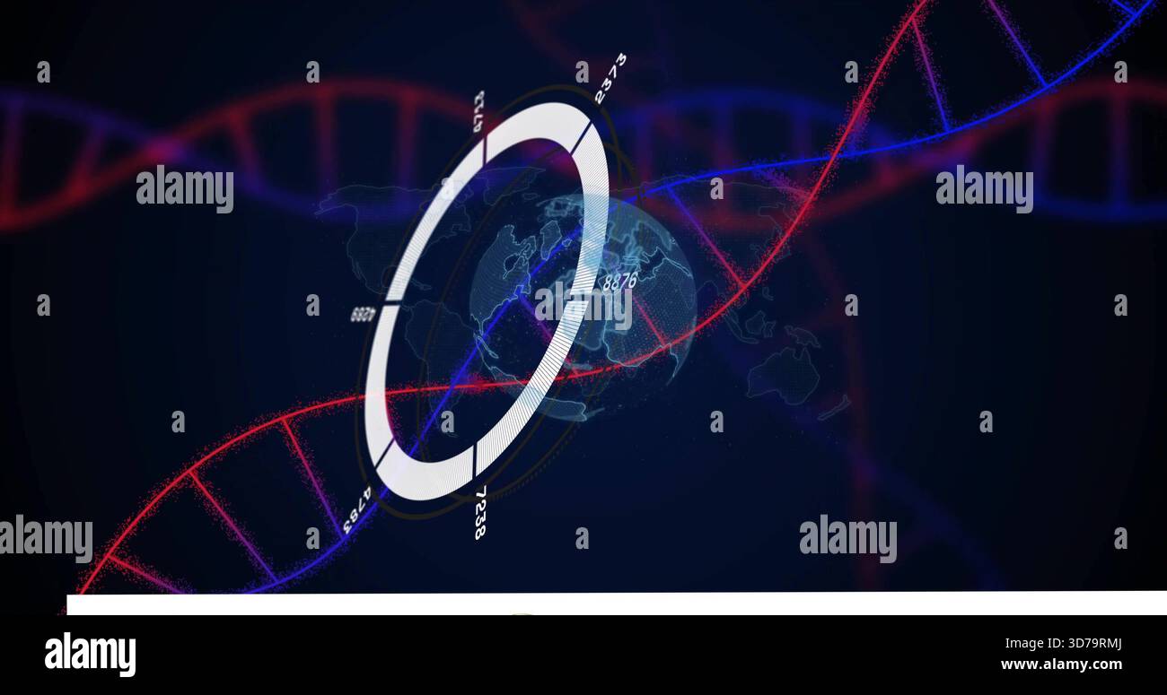 Globo circolare con anello segmentato inclinato rotante nel cruscotto virtuale, che mostra nastri di DNA blu rossi Foto Stock
