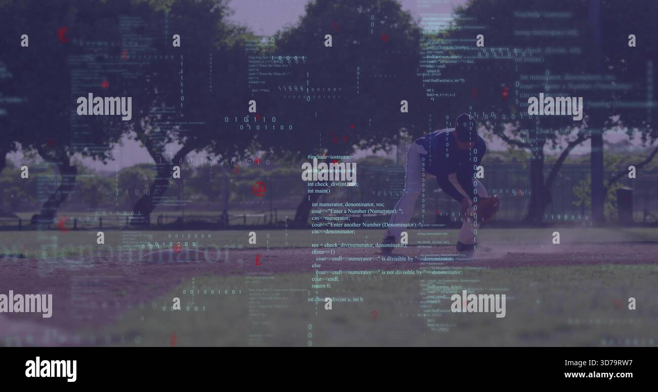 Uomo accovacciato in un ingranaggio scuro, base bianca di controllo del tappo su sporco infield, sovrapposizione del codice, spazio di copia Foto Stock