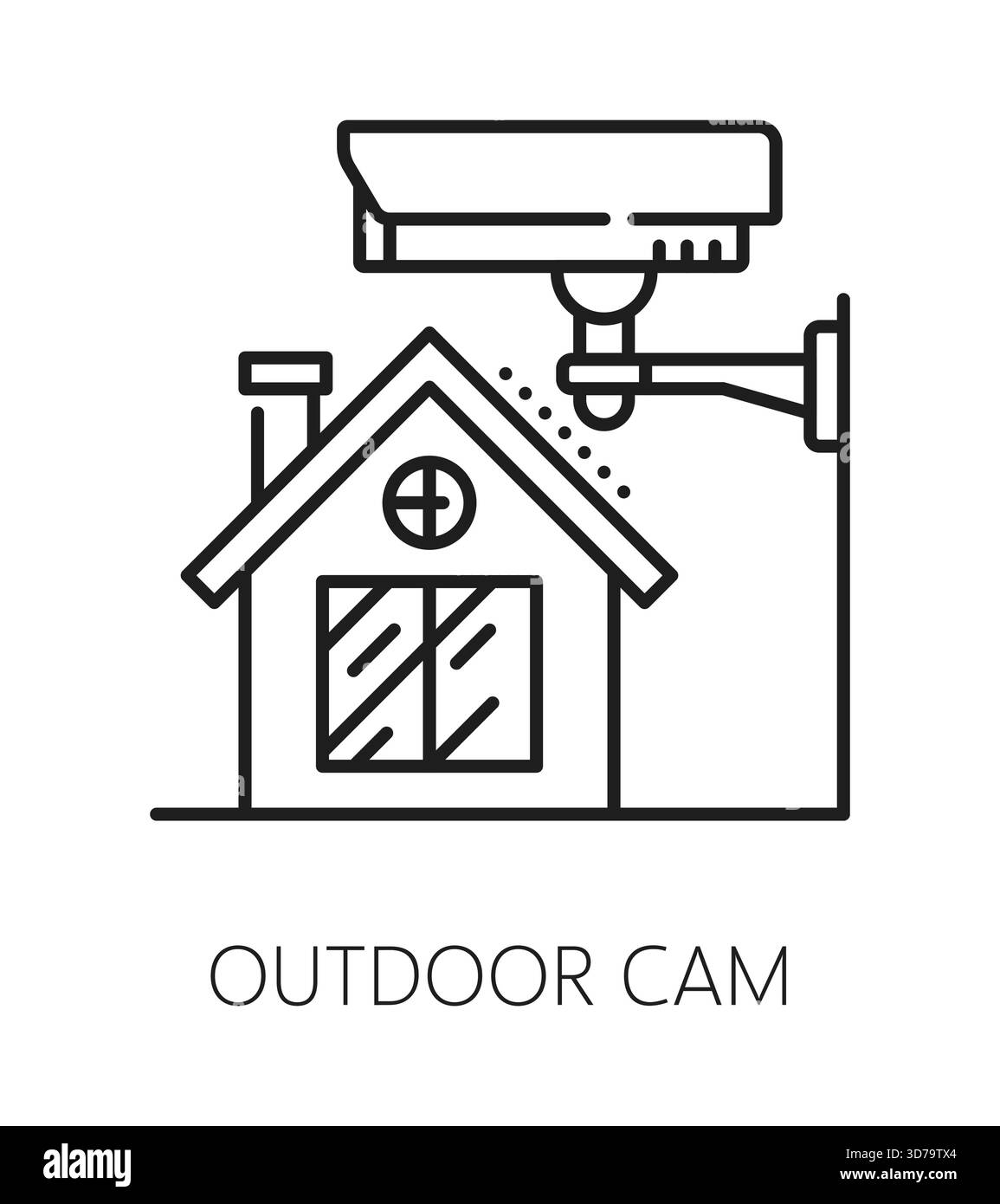 Icona o cartello della linea delle apparecchiature di sicurezza domestica con telecamera per esterni. Simbolo vettoriale elettronico allarme casa, pittogramma dispositivo di sicurezza. Icona delle attrezzature di protezione della proprietà con l'edificio della casa e la telecamera di sorveglianza Illustrazione Vettoriale