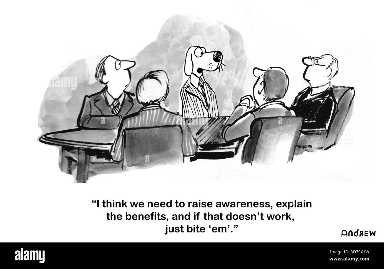 Dog Executive consiglia di mordere i clienti che non acquistano i prodotti dell'azienda. Foto Stock