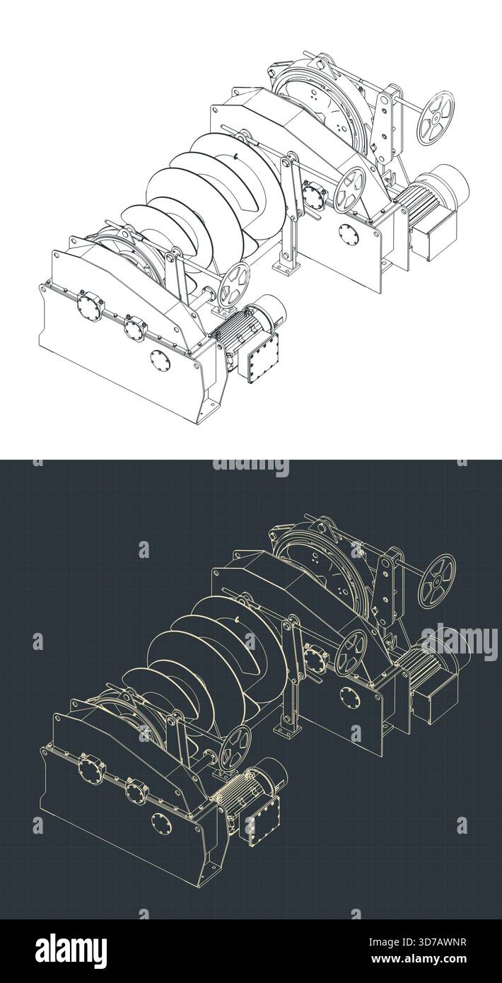 Disegni isometrici del verricello di ormeggio illustrazioni vettoriali stilizzate Illustrazione Vettoriale