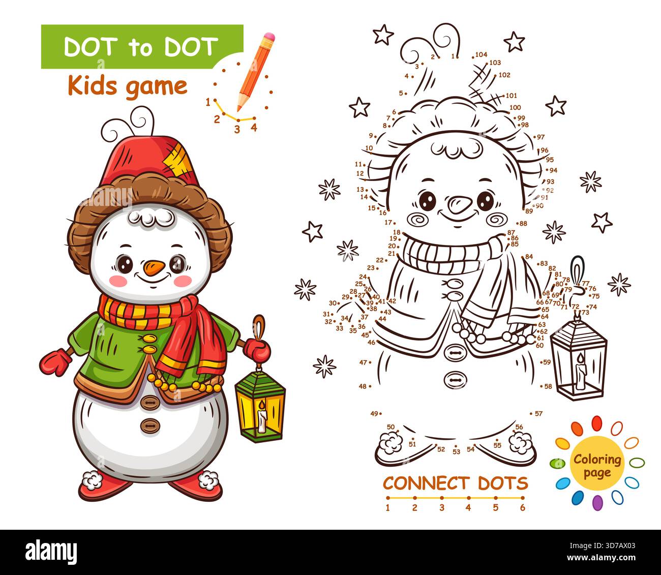 Carino pupazzo di neve, personaggio invernale di Snow man ghiaccio collegare punti numero bambini educazione matematica puzzle gioco. Disegna una linea tratteggiata di Unione dell'immagine. Pagina libro da colorare Illustrazione Vettoriale