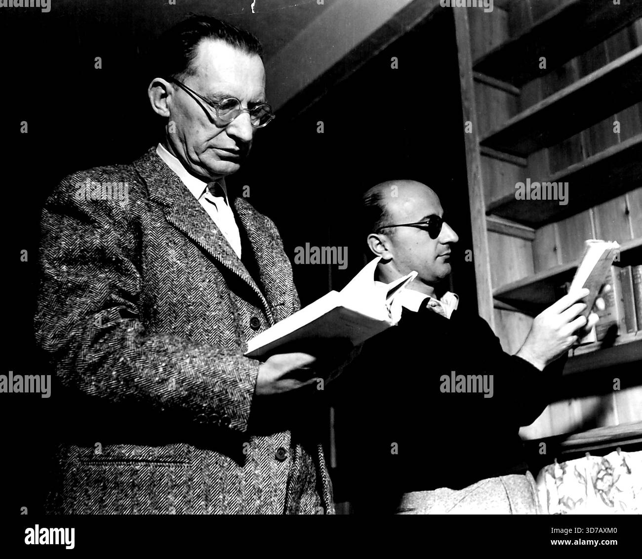 Alcide De Gasperi, il primo Ministro italiano, trascorre le sue vacanze nelle montagne dove è nato.anche se questa dovrebbe essere una vera vacanza, il segretario del primo Ministro, il Dr. Giacomo Cingolani, rimane con lui a casa Sella. De Gasperi riceve giornalmente i rapporti da Roma e qualche ora al giorno entrambi funzionano.De Gasperi e Cingolani hanno appena finito il loro lavoro e stanno cercando un libro da leggere. 13 gennaio 1949. (Foto di Interfoto) Foto Stock
