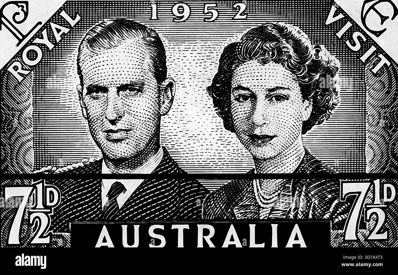 Francobolli commemorativi: Per celebrare la visita della Principessa Elisabetta e del Duca di Edimburgo, nuovi francobolli commemorativi saranno in vendita subito dopo l'inizio del tour. Ecco due di loro. 31 gennaio 1952. Foto Stock