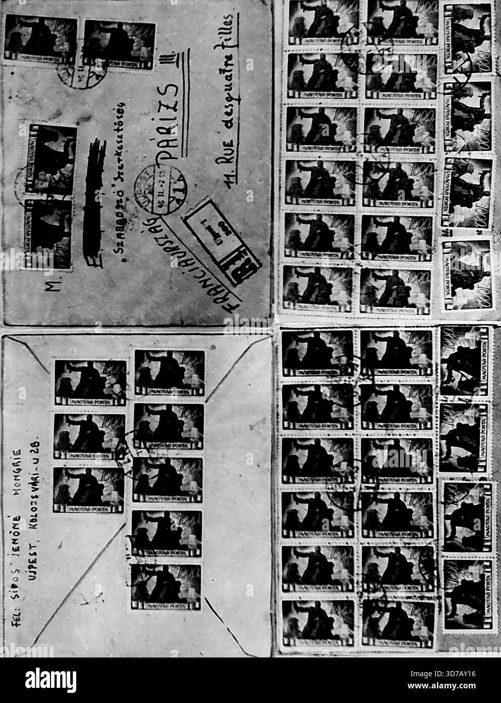 Inflazione in Ungheria -- il mittente di questa lettera ha dovuto apporre francobolli del valore di 44.000 penny su una lettera raccomandata per coprire il suo viaggio da Ujpest alla periferia di Budapest all'ufficio di Parigi del quotidiano ungherese Szabadszo (parola libera). Dato che la busta non era abbastanza grande per ***** i francobolli, il mittente ha dovuto attaccare un pezzo in più ***** . 23 febbraio 1946. Foto Stock