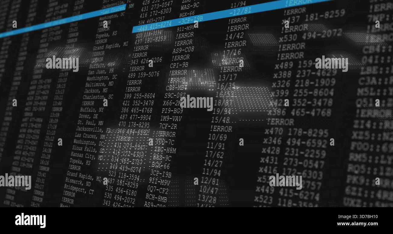 Visualizzazione del monitor con colonne di codice nella sala di controllo, voci DI ERRORE, riga blu, globo punteggiato Foto Stock